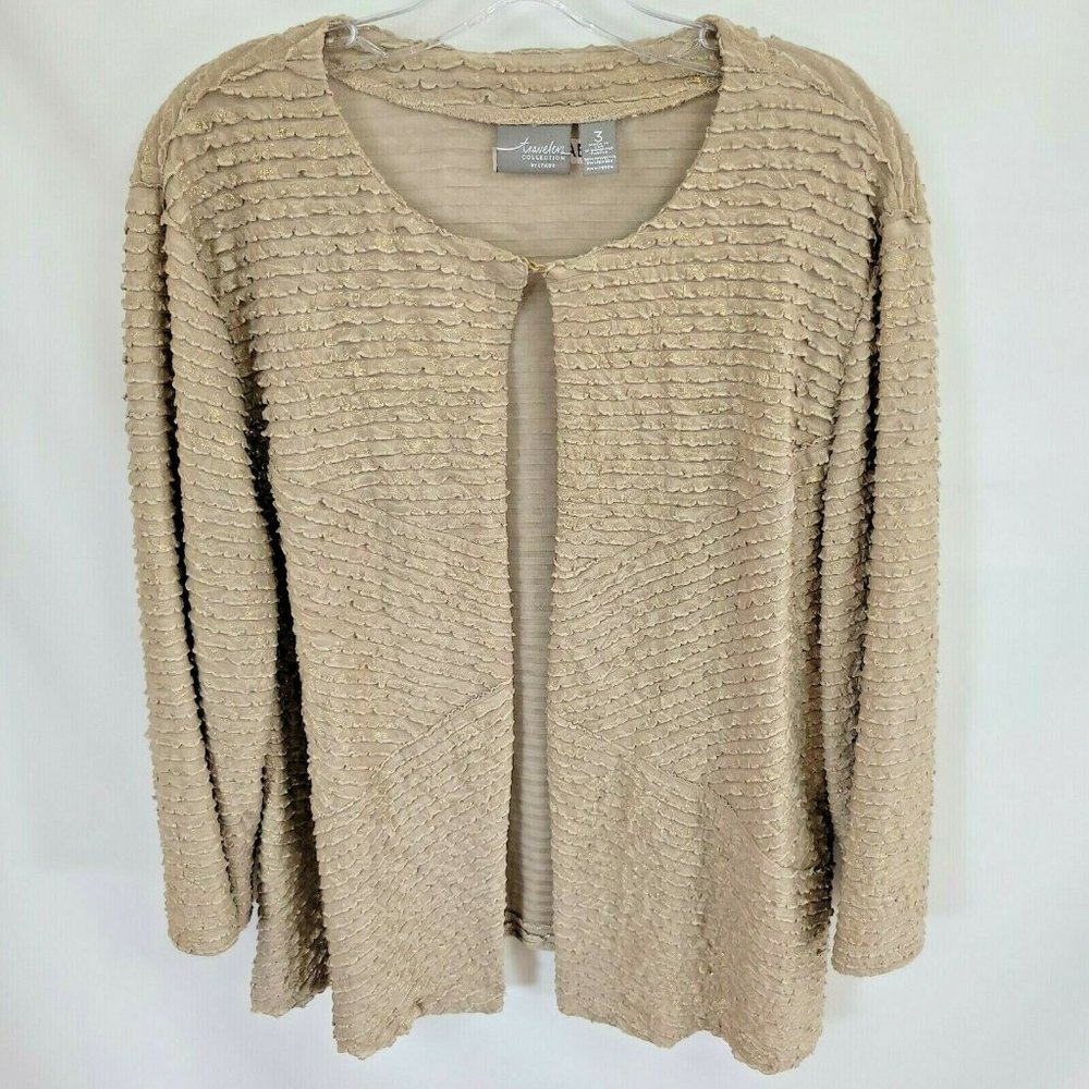 Chico's Travelers Size 3 (XL/16) Gold Taupe Ruffle Jacket Beige Stretch
